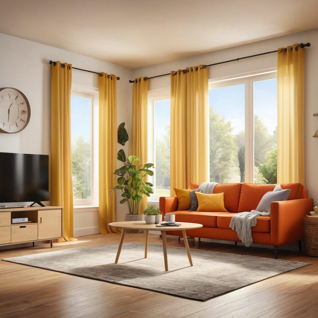 A cozy, well-decorated living room showcasing various home appliances like a washing machine, refrigerator, and microwave, with a glowing shield icon hovering above them, symbolizing protection. A family is depicted smiling, implying peace of mind from insurance coverage. The background features a sunny window with curtains drawn, adding warmth to the scene. super-realistic. vibrant colors.