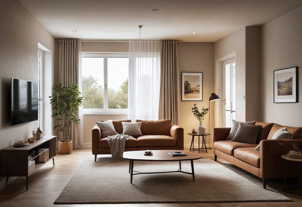 A cozy living room featuring household appliances like a refrigerator and washing machine, symbolizing safety and comfort. Include a serene atmosphere with soft lighting and a family enjoying their space, highlighting peace of mind. Add visual elements of insurance documents or shields in the background to signify protection. Emphasize warmth with earthy tones and gentle textures. super-realistic. warm colors. soft lighting.